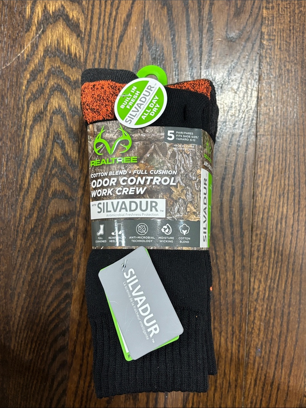Realtree Men's Work Crew Socks - Black with Orange Accents 5 pack